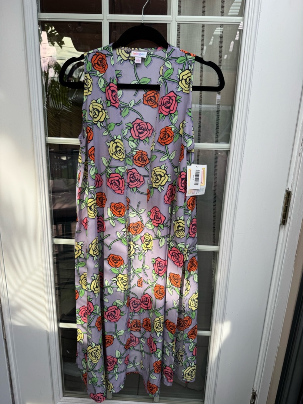 X😻LuLaRoe Joy Floral Duster Vest in Lavender with Pink Orange Yellow Roses